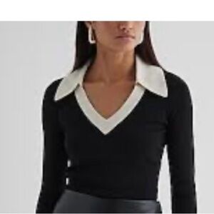Express Black V-Neck Sweater with White Collar